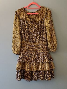 Floral Tiered Smocked Waist Mini Dress - Mustard & Navy